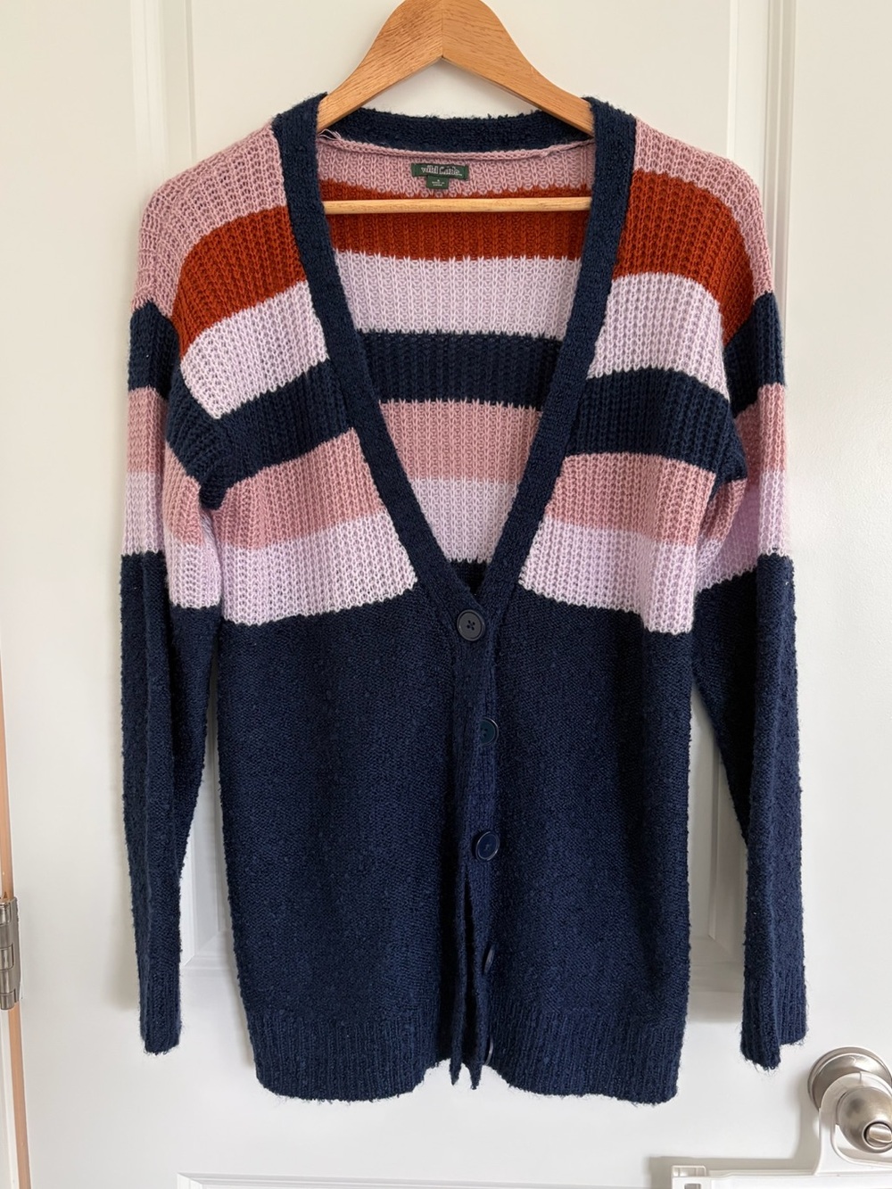 Wild Fable Navy Pink Colorblock Striped Button Up V-Neck Cardigan Sweater Small